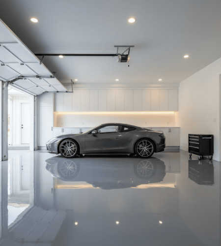 Rye NY luxury garage with medium gray high-gloss epoxy-coated floor, recessed lighting, and minimalist design.